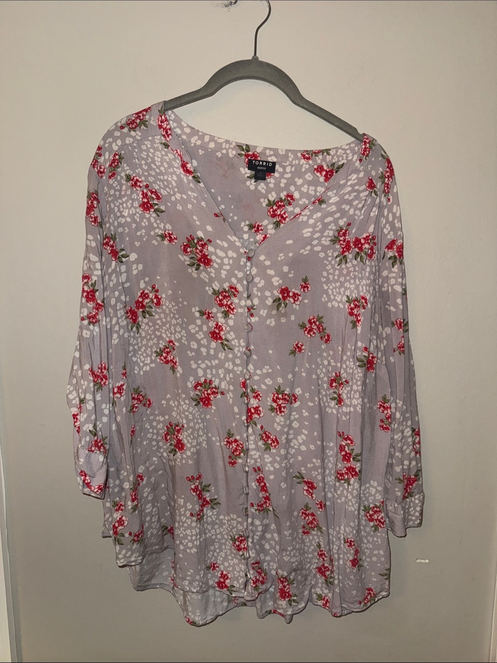 Torrid Lavender Floral Button-Down Top with Red Accents